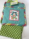 Ritz Pot Holder & Kitchen Towel Green Polka Dot Turquoise Owl 100% Cotton Nwt. Fixed Price $8.99.