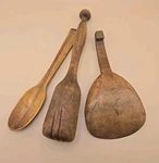 Antique Wooden Kitchen Utensil Trio Scoop Tasting Spoon & Masher Set Primitives. Fixed Price $61.20.