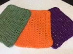 New Hand Crocheted Pot Holders /dish Cloths Set Of 3 Orange Sage Green Purple. Fixed Price $6.95.