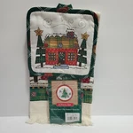 New Vintage Trim Home 3 Pcs Christmas Kitchen Towel Pot Holder Stitch Set. Fixed Price $9.99.