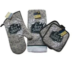 4 Piece Kitchen Set Gray White Oven Mitt Dish Towel Potholders "live Simply". Fixed Price $16.29.