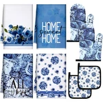 8 Pcs Blue Rose Kitchen Towels And Dishcloths Sets Oven Mitts Pot Holders.... Fixed Price $16.37.