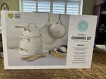 Martha Stewart Galway Aluminum Ceramic Nonstick 10-PIECE Cookware Set Linen. Fixed Price $119.00.