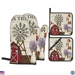 Farmhouse Oven Mitts & Pot Holders Set Of 4 - Heat Resistant Windmill Barn. Fixed Price $42.34.