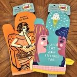 Two Nwt Blue Q Oven Mitts 100% Cotton Let Eat Our Feelings Funny Kitchen Kitsc. Fixed Price $18.99.