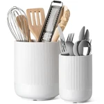 Le Tauci Utensil Holder For Kitchen Counter, 7.3"+5.4" Fluted Ceramic White. Fixed Price $38.15.