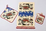 Vtg Home Front Scene Christmas Kitchen Hand Towel Pot Holder Napkin Set Of 3 Nos. Fixed Price $22.48.
