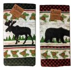 Set Of 2 Woodland Moose & Bear Terry Kitchen Towels By Kay Dee Designs. Fixed Price $18.95.