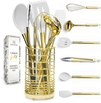 White Silicone And Gold Cooking Utensils Set With Holder 7-PIECE. Fixed Price $56.41.