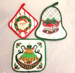 Barth & Dreyfuss Christmas Pot Holders Santa Wreath, Bells, Warm Greetings Tree. Fixed Price $11.99.