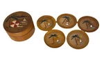 Teak California Hand Painted Wooden Coaster Set & Case Mcm Palm Tree Sailboat. Fixed Price $39.99.