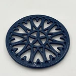 Trivet Cast Iron Minuteman Int'l Enamel Round Dark Blue Sunburst Hearts 7". Fixed Price $19.95.