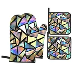Iridescent Bright Triangles Oven Mitts And Pot Holders Set Of 4, Mittens.... Fixed Price $21.34.