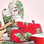 April Cornell Holly Song Christmas Patchwork Oven Mitt Set Of 2 Red Ecru Green. Fixed Price $30.00.