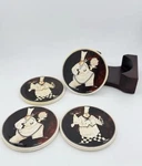 Italian Chef 4 Beverage Coasters With Wooden Holder. Fixed Price $10.50.
