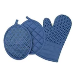 Sticky Toffee Set 3 Oven Mitt & Pot Holders, Silicone Non-slip, Cotton, Blue. Fixed Price $18.88.