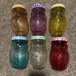 Stylesetter Of 6 Multicolor Owl Glass Jars New Box Metal Gingham Lids Fun. Fixed Price $30.00.