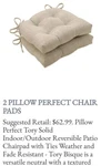 Pillow Perfect Indoor/outdoor Tufted Reversible Chair Pads, Tory Bisque 2 Count. Fixed Price $39.00.