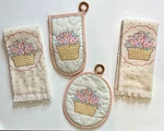 Vintage Set Of 2 Franco Kitchen Towels, Oven Mitt, Pot Holder - Flower Basket. Fixed Price $14.95.
