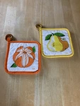 Vintage Hbi Orange & Pear Potholder Set W/ Wooden Hanging Rings. Fixed Price $20.00.