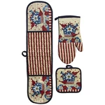 Americana Birdhouse 3 Piece Oven Mitt And Pot Holder Set In Red, White, Blue. Fixed Price $16.99.