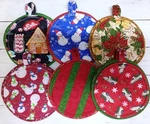 Round Christmas Pairs Handmade Quilted Hot Pad. Fixed Price $9.00.