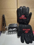 Mayferte Bbq Heat Resistant Cooking Gloves, Stainless Tongs & Meat Claws Nib. Fixed Price $9.50.
