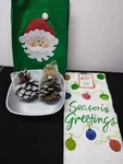 Holiday Time Christmas Hand Towel, Bowl, Pine Cones Santa Felt Bag / Carrier. Fixed Price $5.99.