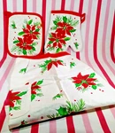Nos Mid Century 3PC Christmas Poinsettia Kitchen Hostess Apron + Pot Holders. Fixed Price $28.00.