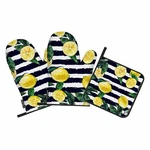 Lemon Oven Mitts And Pot Holders Set Black White Stripe Heat Resistant 3 Pcs. Fixed Price $31.82.