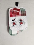 Disney's St Nicholas Mickey & Minnie Skating Plaid Oven Mitt Pot Holder Set. Fixed Price $21.99.