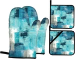 Turquoise Grey Oven Mitts And Pot Holders Sets Of 4 Modern Teal Abstract Art. Fixed Price $29.97.