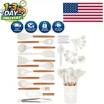 Luxury 34-PIECE Silicone Kitchen Utensil Set With Wooden Handles, Cream White. Fixed Price $30.99.