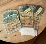 Faith Family Friends Kitchen Set 4 Piece Tea Towels Pot Holders Greenbrier. Fixed Price $27.54.