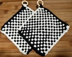 Handmade Black White Woven Potholders Set Of 2 With Wooden Ring. Fixed Price $14.95.
