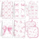 8 Pcs Pink Bows Towels Pot Holders And Oven Mitt Set Coquette Kitchen.... Fixed Price $25.04.