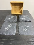 Paw Print Slate Coasters Set Of 4 W/ Bamboo Holder Doghaus. Fixed Price $19.99.