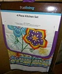 True Living 4 Piece Kitchen Set TOWELS/2 Pot Holders Flowers And Bicycle. Fixed Price $14.00.