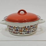 Vintage Enamel 3 Qt Stock Pot Orange Lid Town Village Design San Ignacio Style. Fixed Price $24.88.