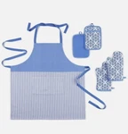 Martha Stewart 5 Piece Kitchen Set 2 Mitts Potholders 1 Apron Blue And White. Fixed Price $15.00.