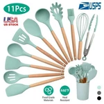 12-PCS Kitchen Silicone Utensils Set With Heat Resist Wooden Handle Water Green. Fixed Price $18.55.