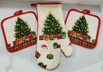 New Lot Of 3 Christmas Tree Pattern- 2 Pot Holders, 1 Oven Mitt Glove -east West. Fixed Price $9.99.