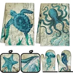 6 Pcs Sea Ocean Beach Kitchen Towels Pot Holders And Oven Mitts Set Coastal Dish. Fixed Price $24.99.