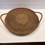 Pampered Chef Woven Selections Rattan Serving Tray Double Handles Wood Bottom. Fixed Price $30.57.