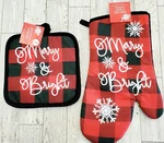 3PC Kitchen Set Merry & Bright Red Black Buffalo Check Pot Holders Oven Mitt. Fixed Price $13.49.