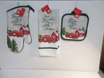 Christmas Holiday Kitchen Towels, Pot Holders, Oven Mitt 4PC Set -truck & Barn. Fixed Price $10.49.