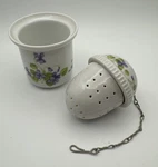 Vintage Ak Kaiser West Germany Tea Ball Strainer Infuser W/caddy Purple Violets. Fixed Price $26.00.