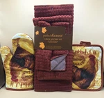5PC Perfect Harvest Kitchen Set Rooster Oven Mitts Burgundy Towel Drying Mat New. Fixed Price $16.99.