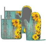 Sunflower Teal Wood Oven Mitts Pot Holders Set Silicone Kitchen He.... Fixed Price $34.32.