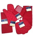 Kitchen Set - Red Pot Holders, Oven Mitt, Dish Towel, Drying Mat. Fixed Price $19.99.